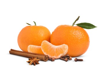 Image of Fresh ripe tangerines, cloves, anise and cinnamon on white background