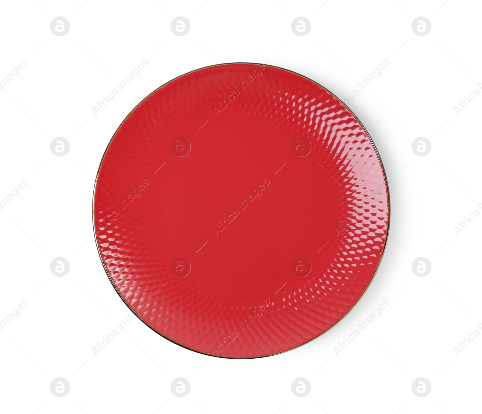 Photo of One red ceramic plate isolated on white, top view