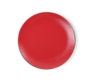 One red ceramic plate isolated on white, top view