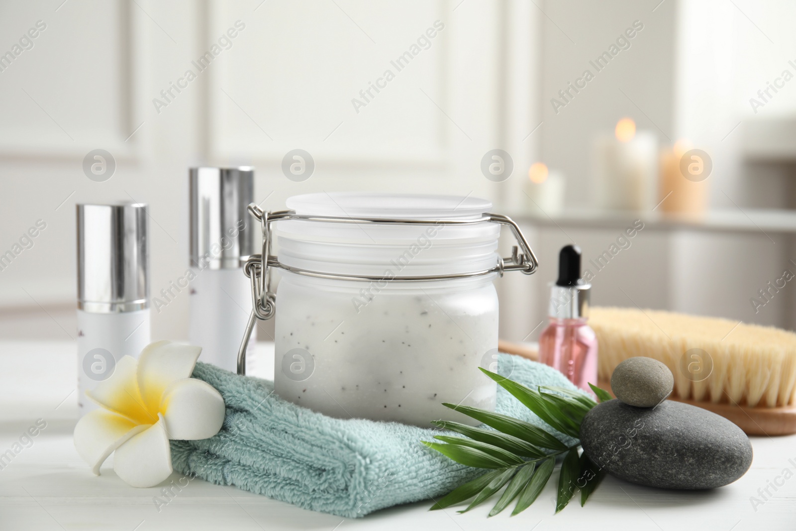 Photo of Composition with salt scrub on white table