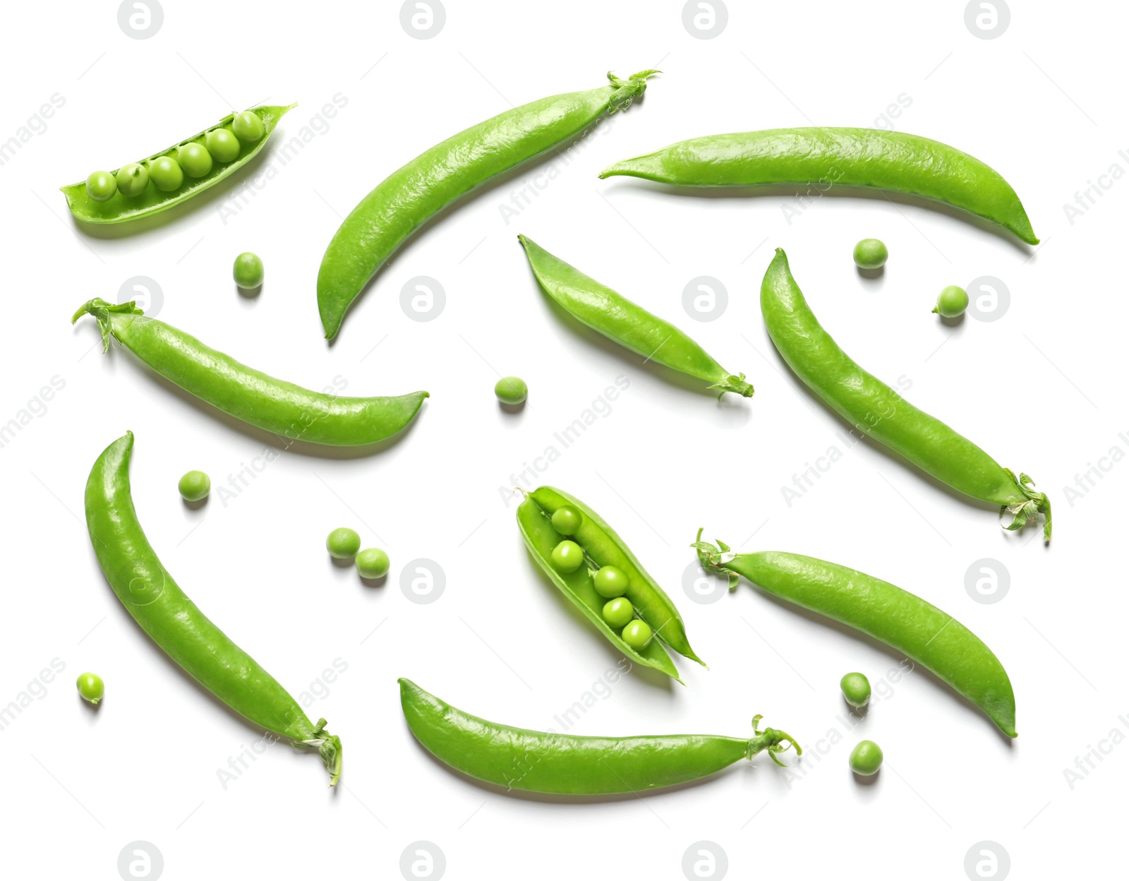 Photo of Flat lay composition with fresh peas on white background