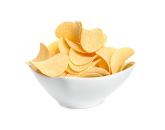 Bowl of tasty crispy potato chips on white background