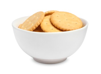 Tasty crackers in bowl isolated on white