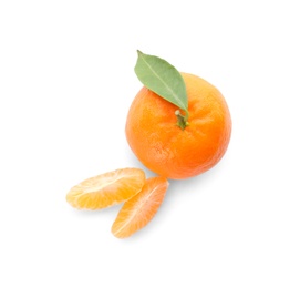 Photo of Fresh tangerines with green leaf on white background, top view