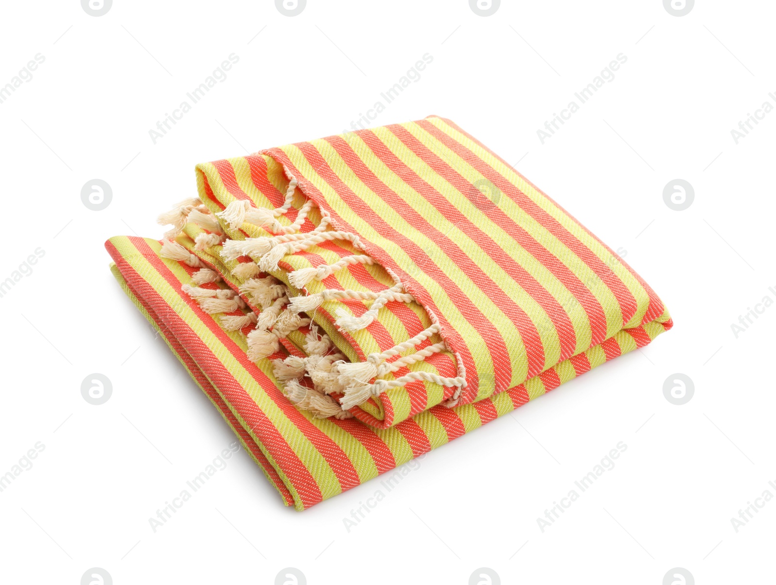 Photo of Folded striped beach towel isolated on white