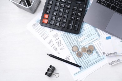 Tax accounting. Calculator, documents, money and stationery on light grey table, flat lay. Space for text