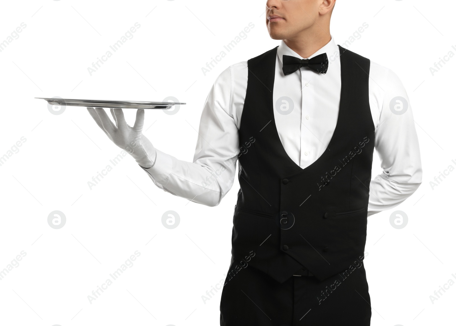 Photo of Elegant butler holding silver tray isolated on white, closeup