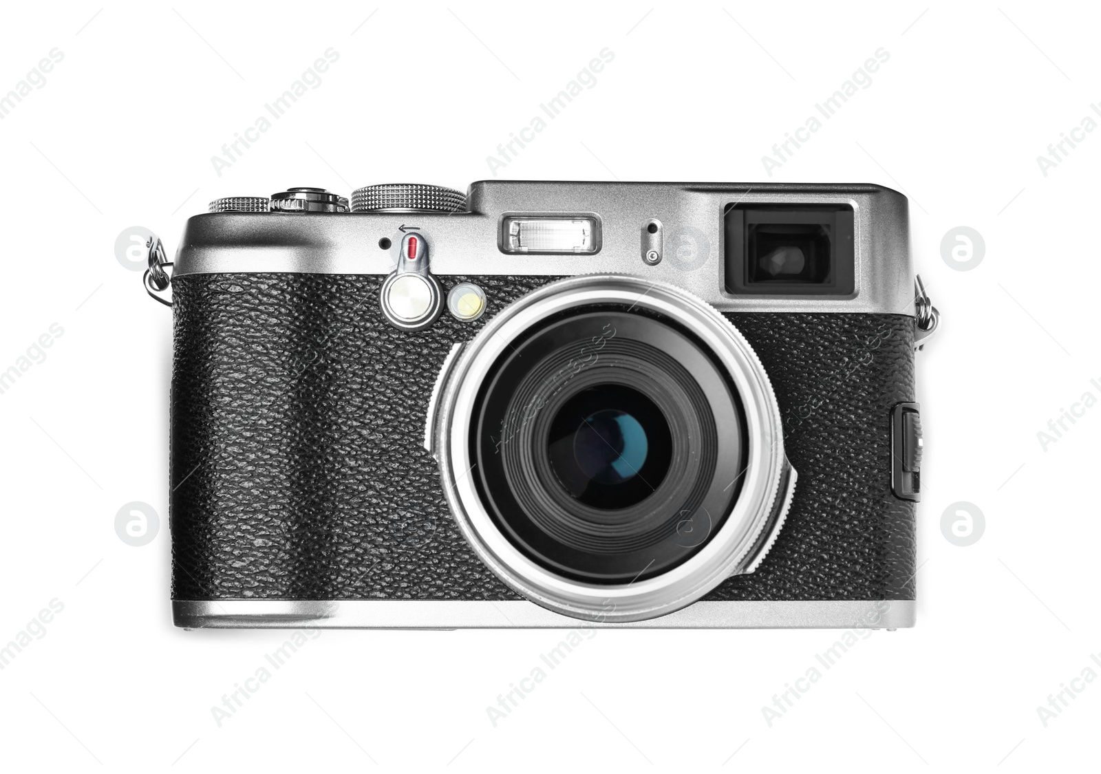 Photo of Modern camera isolated on white, top view