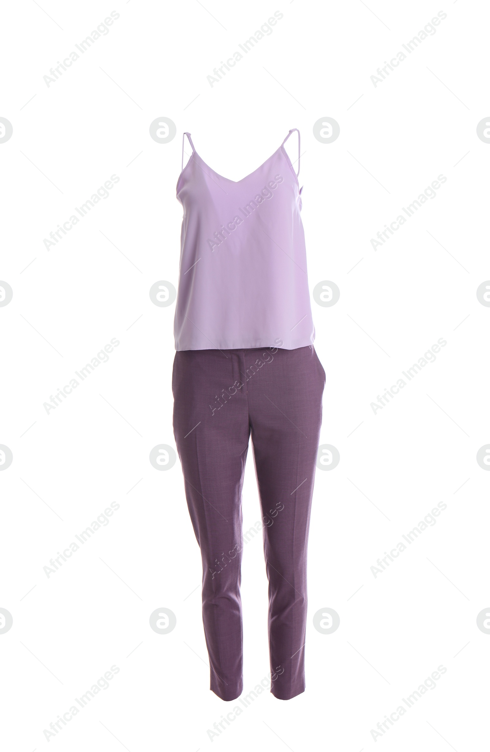 Photo of Elegant purple trousers and tank top on mannequin against white background. Women's clothes