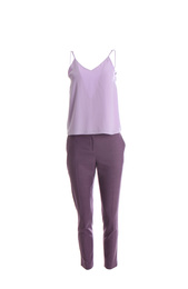 Photo of Elegant purple trousers and tank top on mannequin against white background. Women's clothes