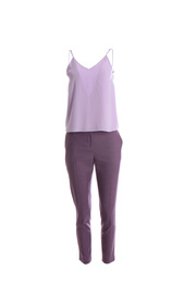 Elegant purple trousers and tank top on mannequin against white background. Women's clothes