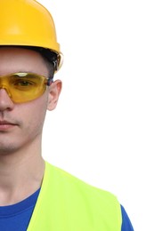 Photo of Young man wearing safety equipment on white background