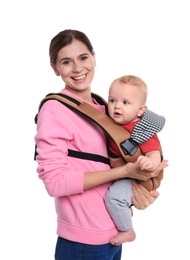 Photo of Woman with her son in baby carrier on white background