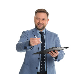 Real estate agent with documents for signing on white background