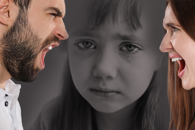 Double exposure of sad little girl and her arguing parents
