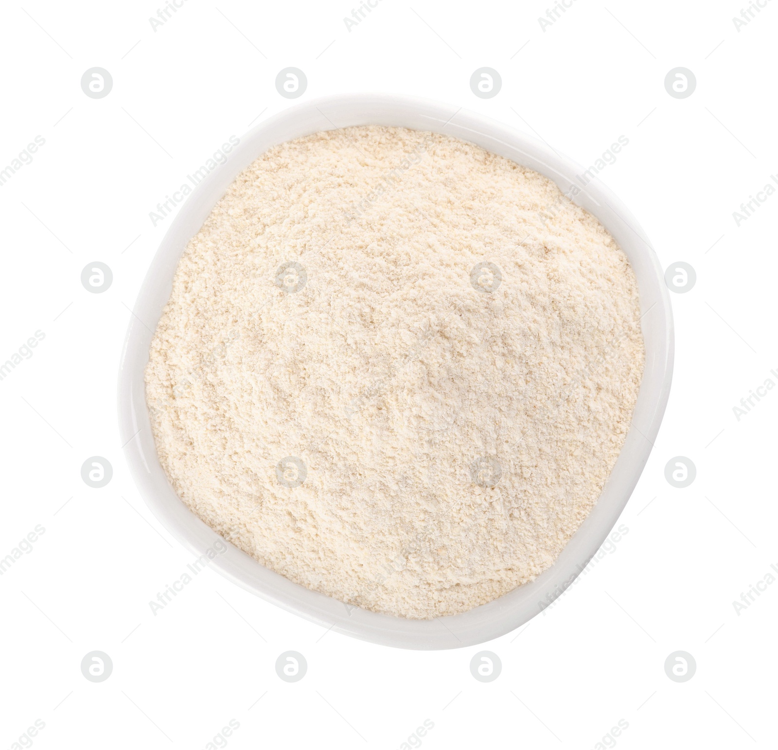 Photo of Bowl with quinoa flour on white background, top view