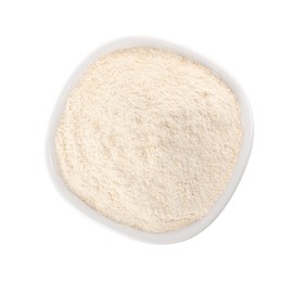 Bowl with quinoa flour on white background, top view