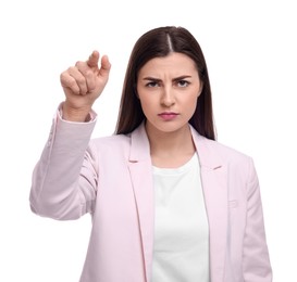 Photo of Beautiful young businesswoman pointing at something on white background