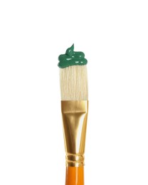 Photo of Brush with green paint on white background