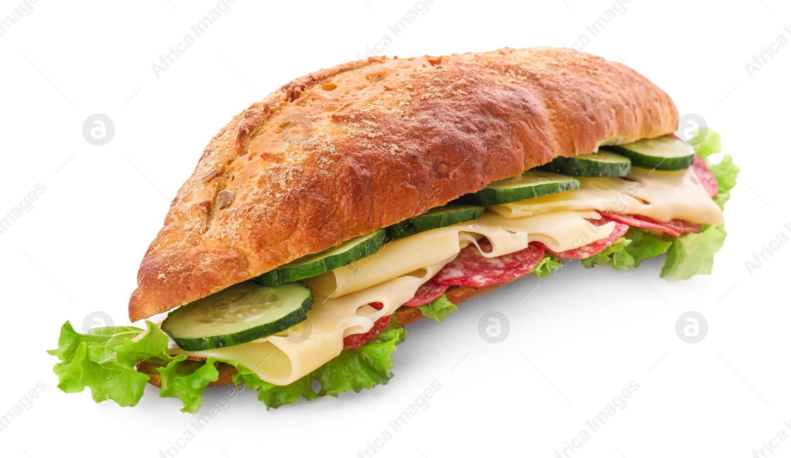 Photo of Delicious sandwich with cucumber, cheese, salami and lettuce leaves isolated on white