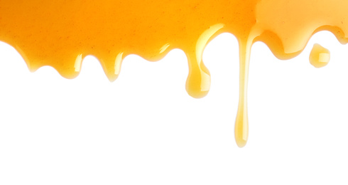Photo of Fresh sweet honey flowing on white background