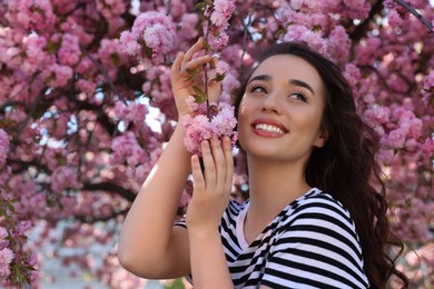 Beautiful woman near blossoming sakura tree on spring day