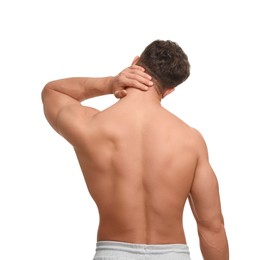 Man suffering from neck pain on white background, back view