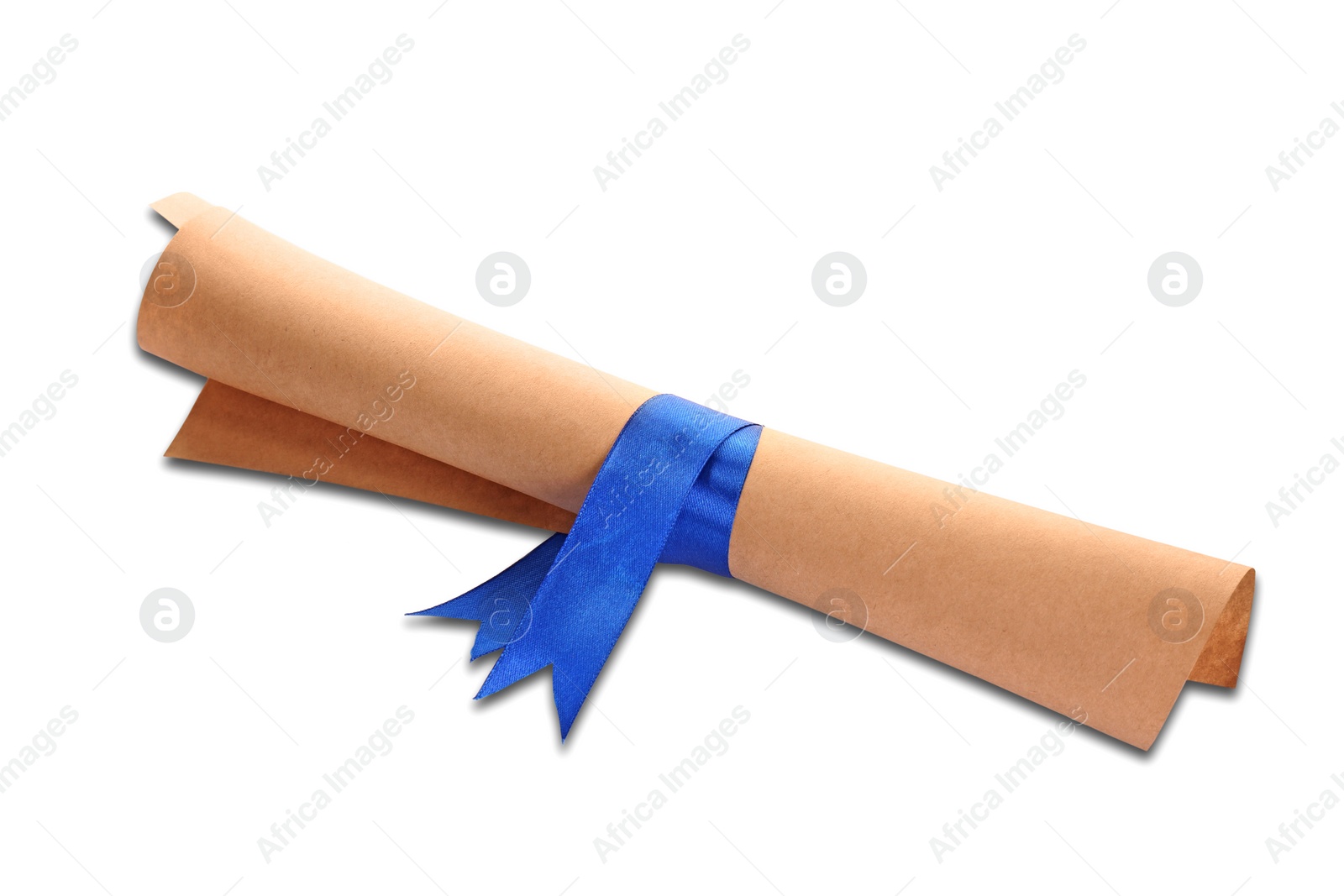 Image of Rolled student's diploma with blue ribbon isolated on white