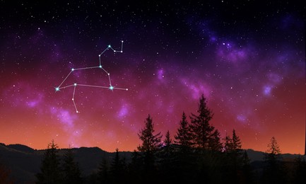 Lion (Leo) constellation in starry sky over mountains at night