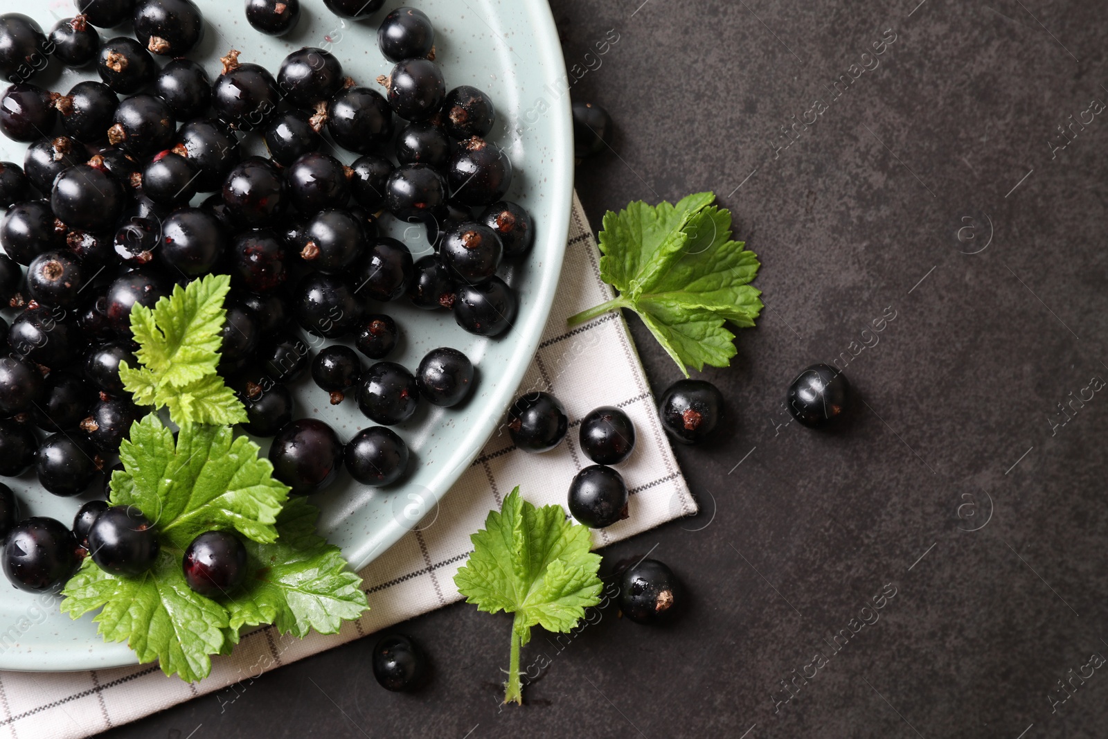 Photo of Plate with ripe blackcurrants and leaves on grey background, flat lay. Space for text