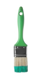 Photo of Brush with green paint on white background