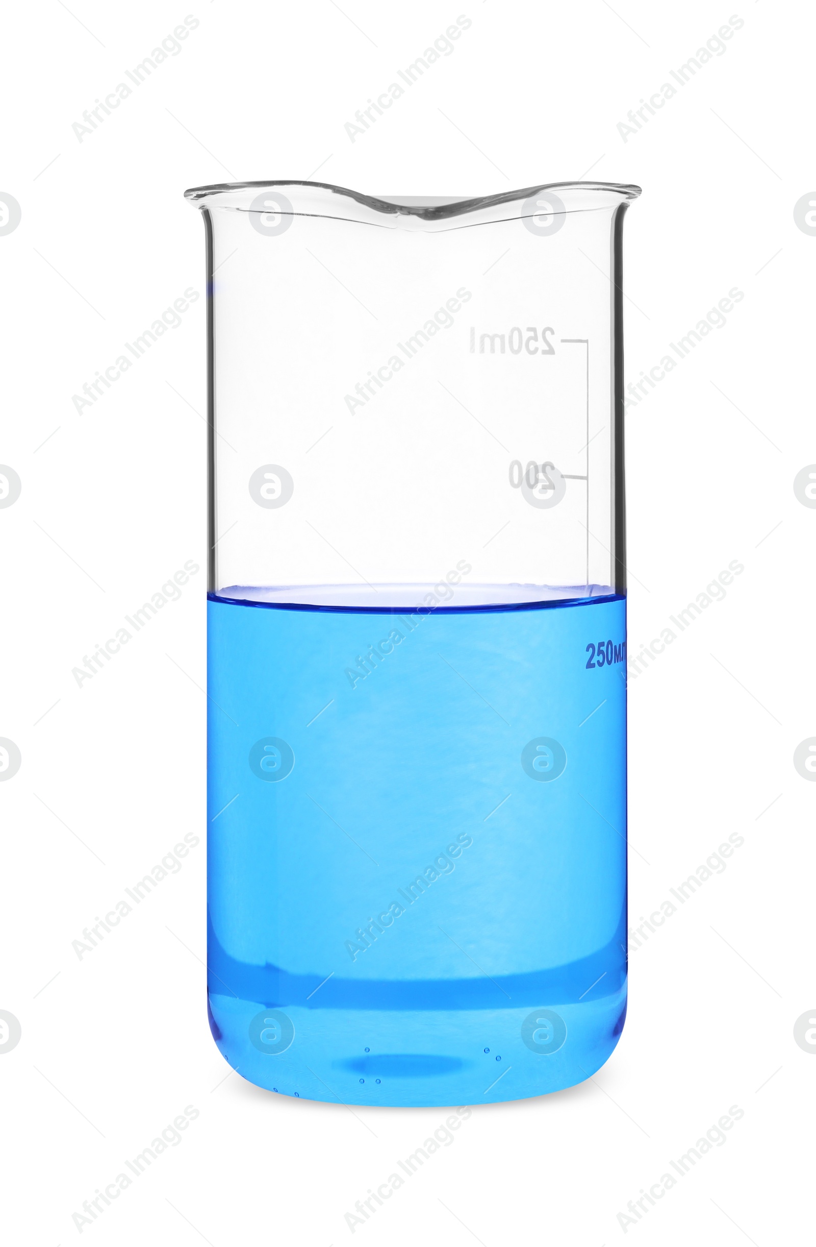 Photo of Glass beaker with light blue liquid isolated on white