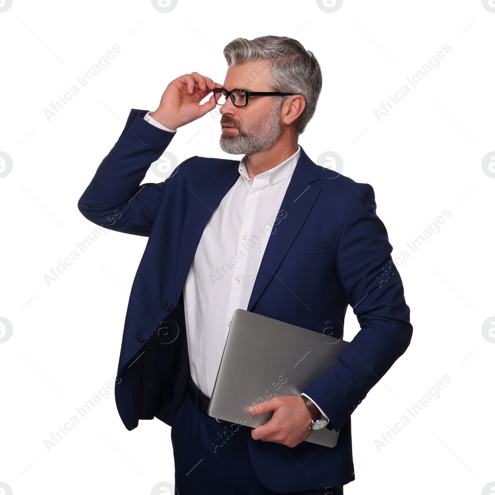 Photo of Portrait of serious man in glasses with laptop on white background. Lawyer, businessman, accountant or manager