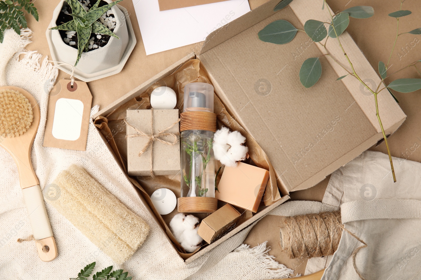 Photo of Flat lay composition with eco friendly personal care products on table