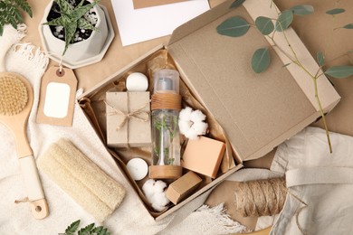 Photo of Flat lay composition with eco friendly personal care products on table
