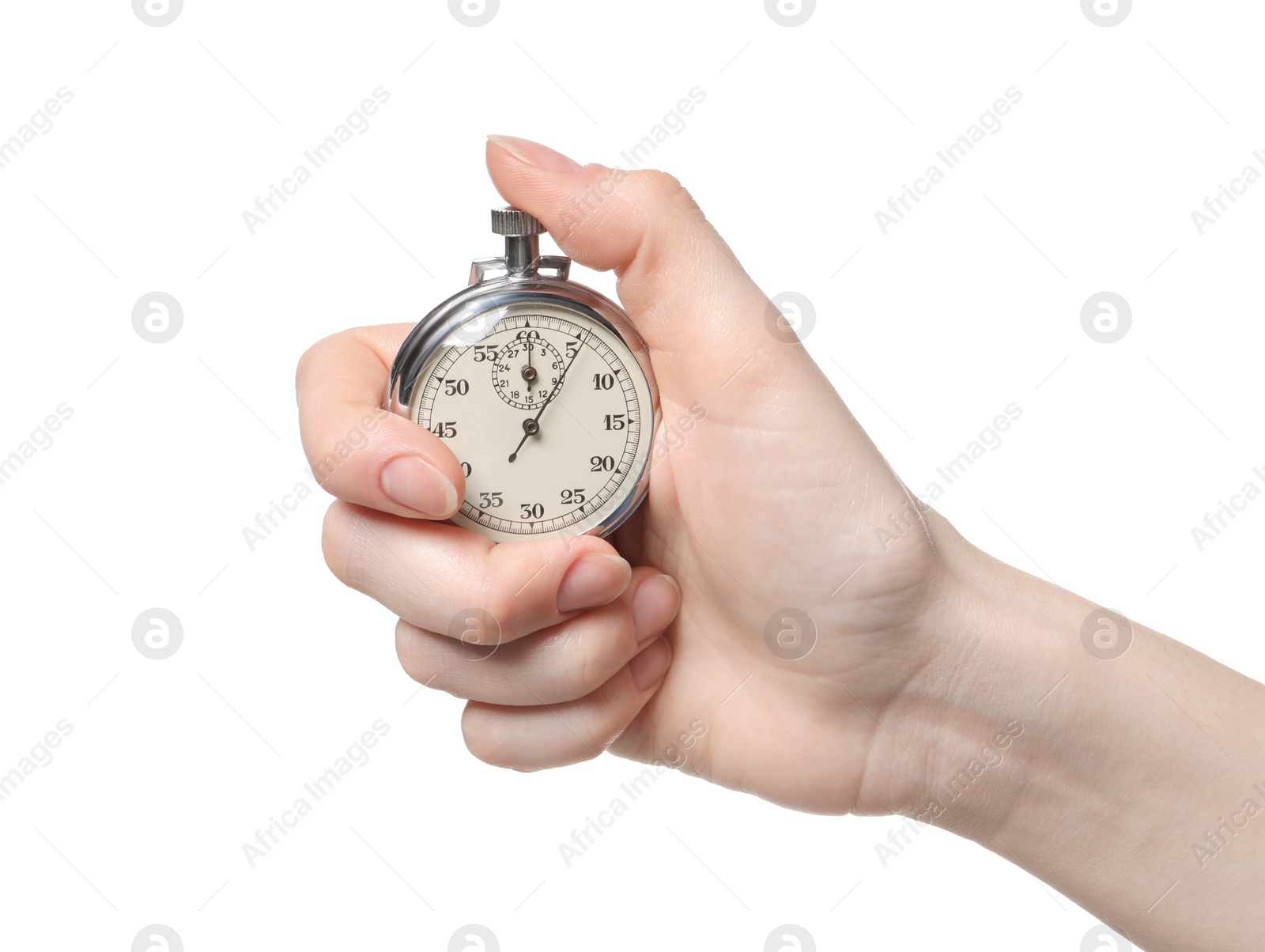 Photo of Woman holding vintage timer on white background, closeup