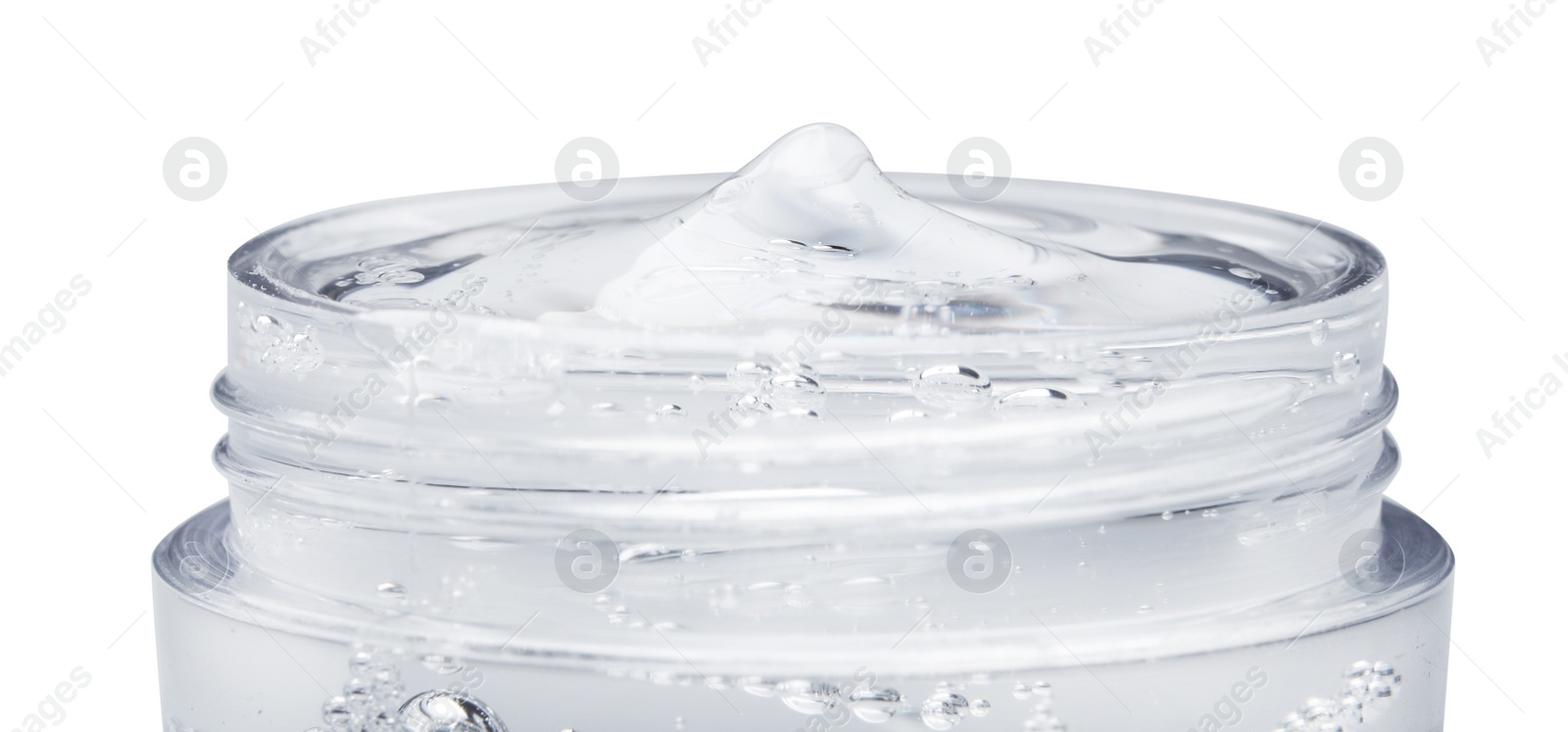 Photo of Jar of transparent cosmetic gel on light background, closeup