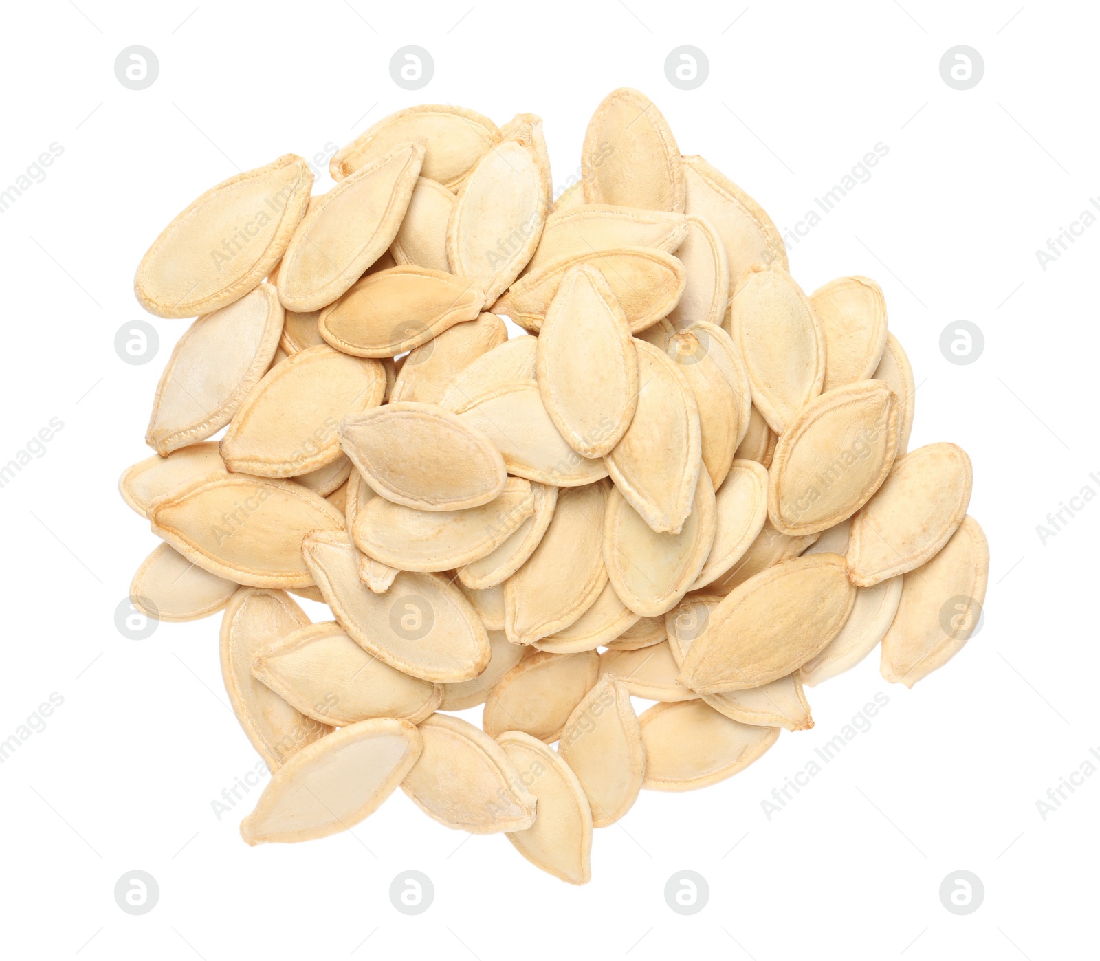 Photo of Heap of pumpkin seeds isolated on white, top view