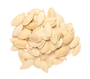 Heap of pumpkin seeds isolated on white, top view