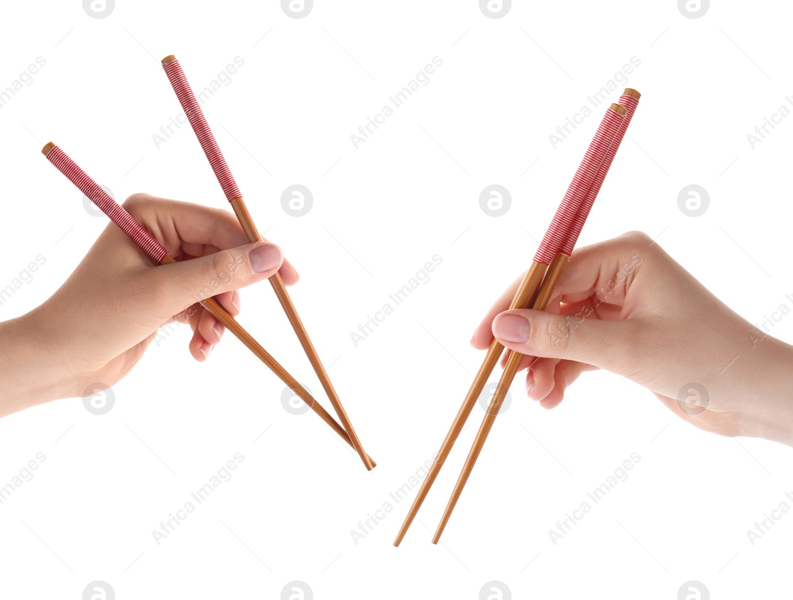 Image of Woman holding chopsticks isolated on white, closeup. Collage with photos