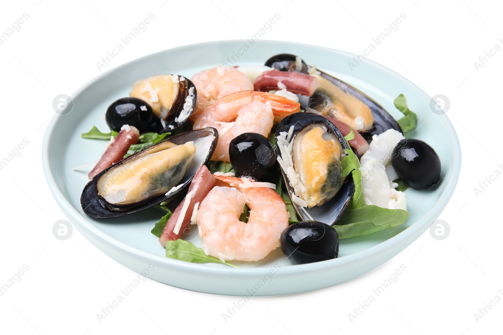 Photo of Plate of delicious salad with seafood isolated on white