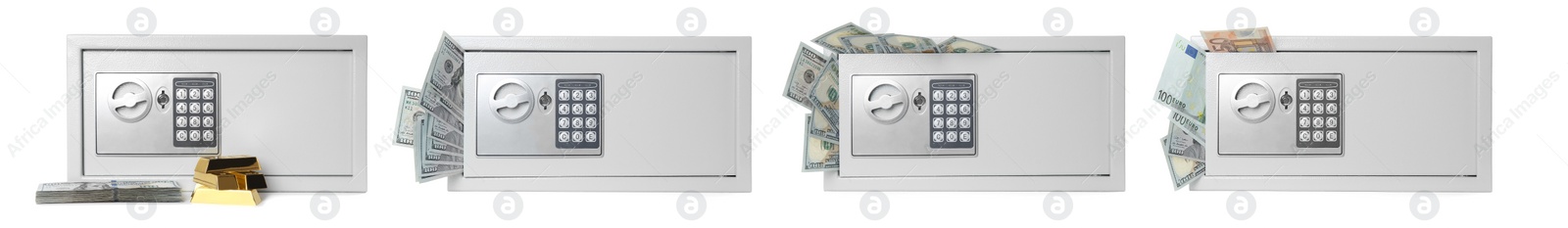 Image of Set with photos of steel safe with gold and banknotes on white background