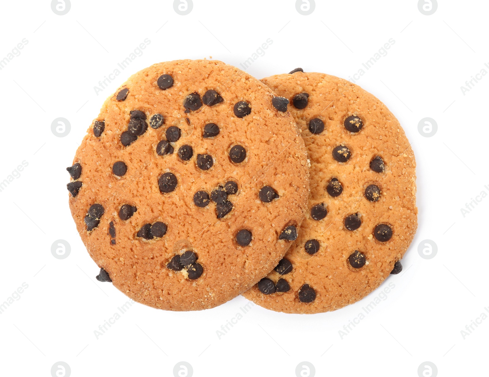 Photo of Delicious chocolate chip cookies on white background, top view