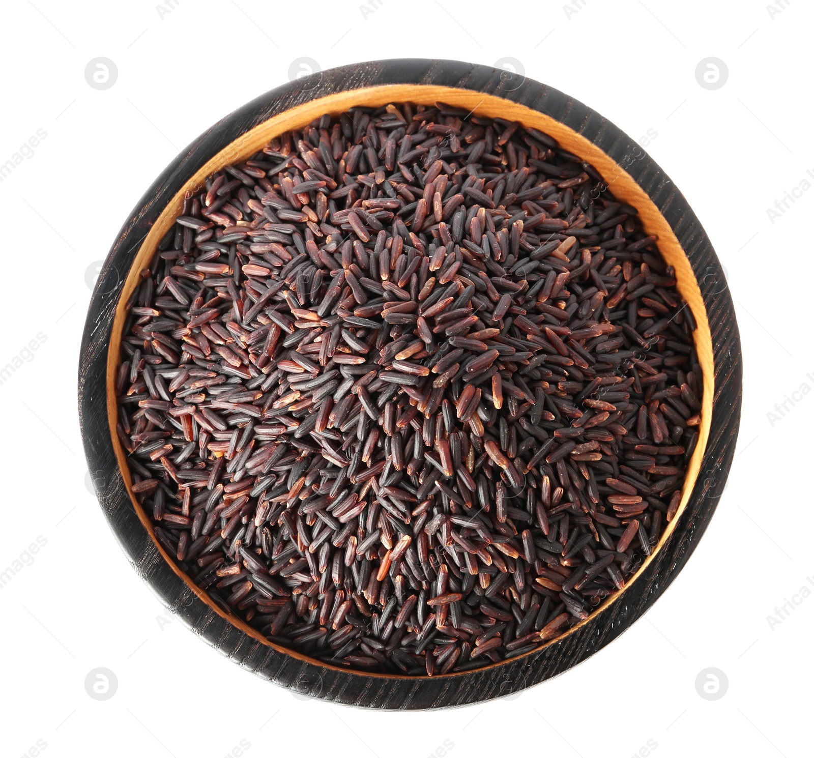 Photo of Plate with uncooked black rice on white background, top view