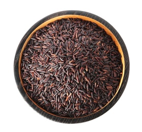 Plate with uncooked black rice on white background, top view