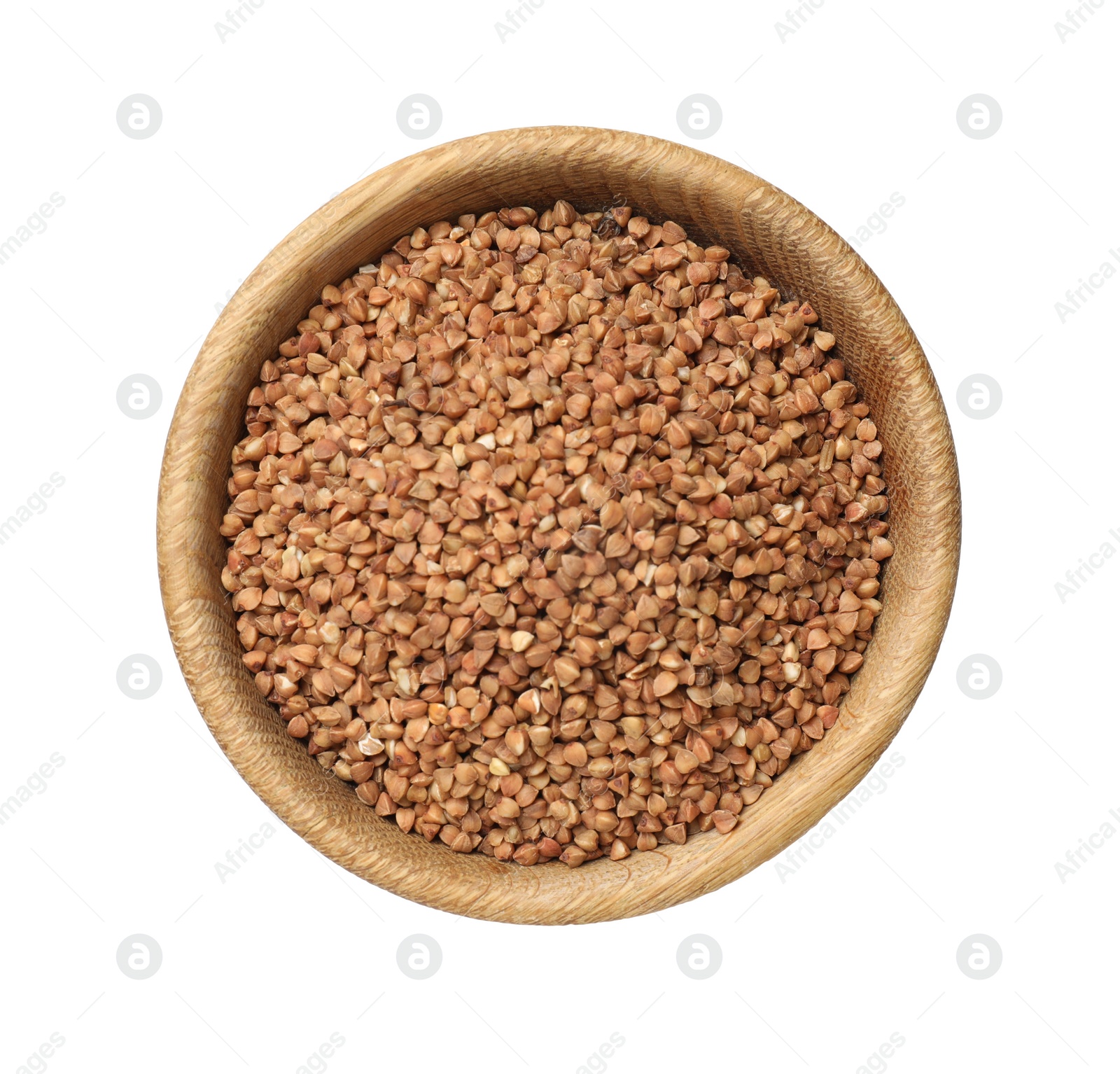 Photo of Bowl with dry buckwheat isolated on white, top view