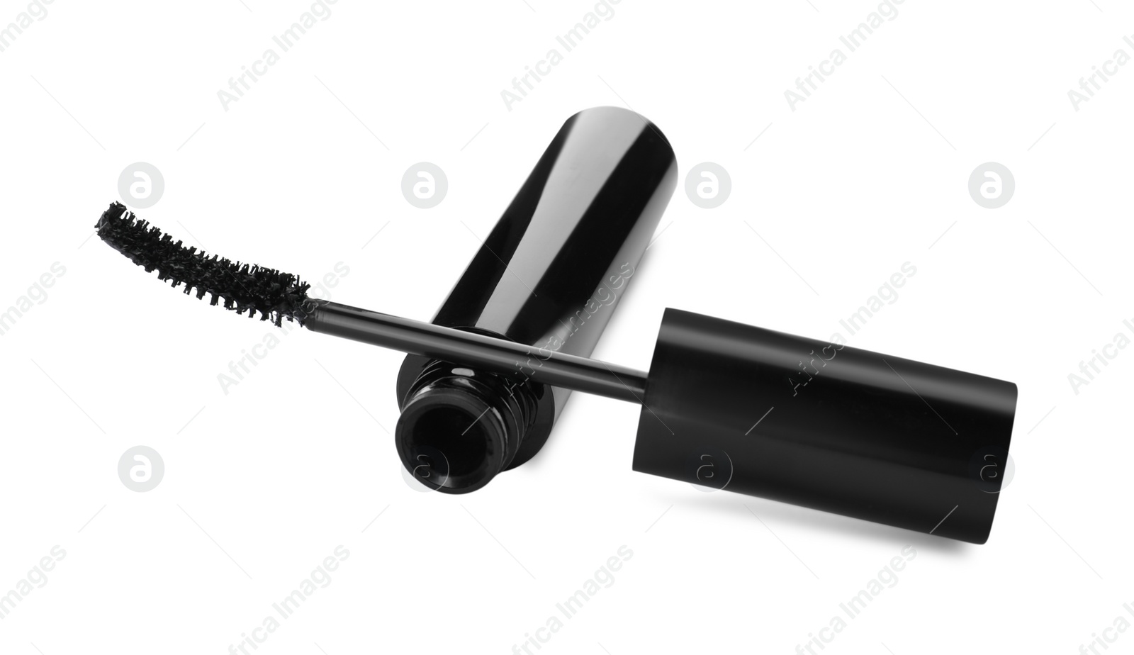 Photo of Mascara for eyelashes on white background. Makeup product