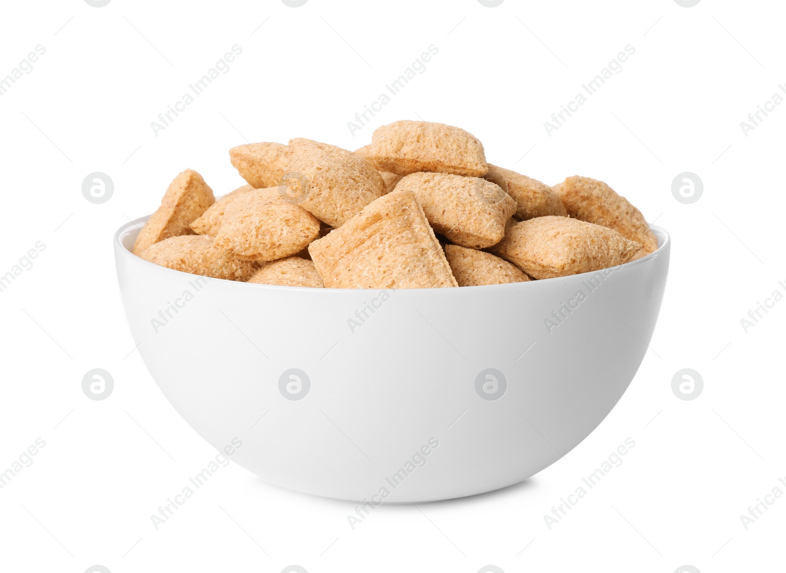 Photo of Bowl of delicious corn pads isolated on white