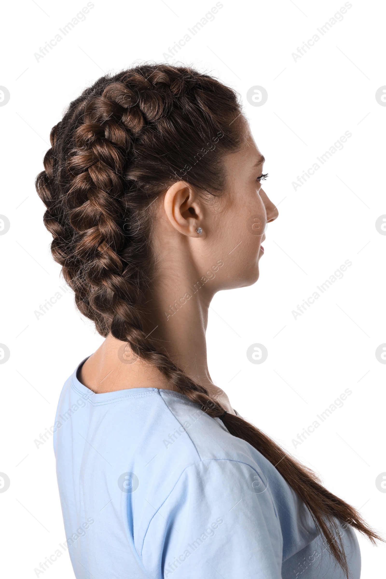 Photo of Woman with braided hair on light background