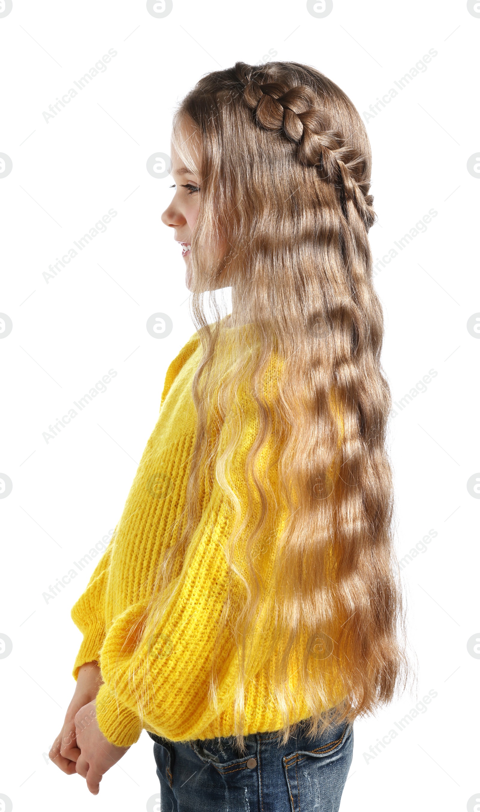 Photo of Cute little girl with braided hair on white background